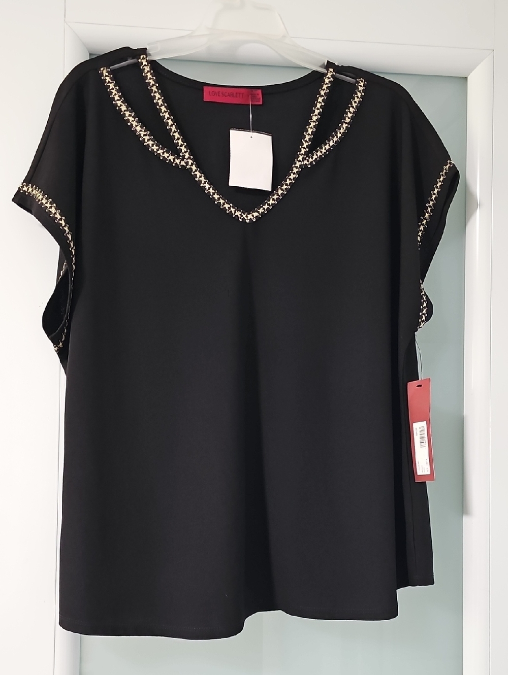 Scarlett Black V-Neck Short Sleeve Top with Gold Trim